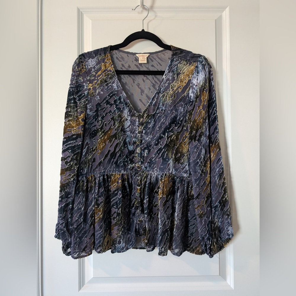 Sundance Velvet Riches Burnout Peplum Button Front Silk Blend Blouse Size XS